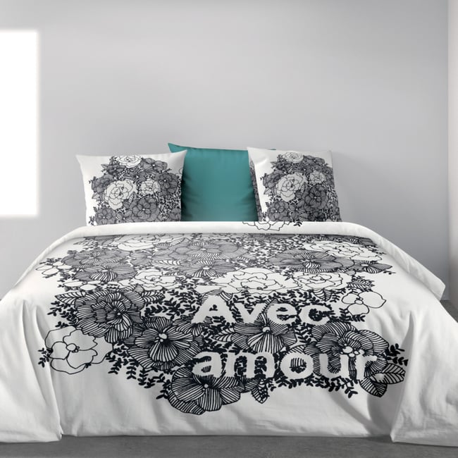 Parure housse de couette 100% coton bio 47 fils/cm2-avec amour blanc <span itemprop=