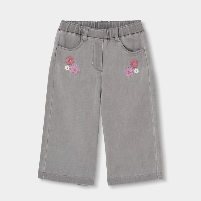 Pantalon fille denim brodé de fleurs gris <span itemprop=