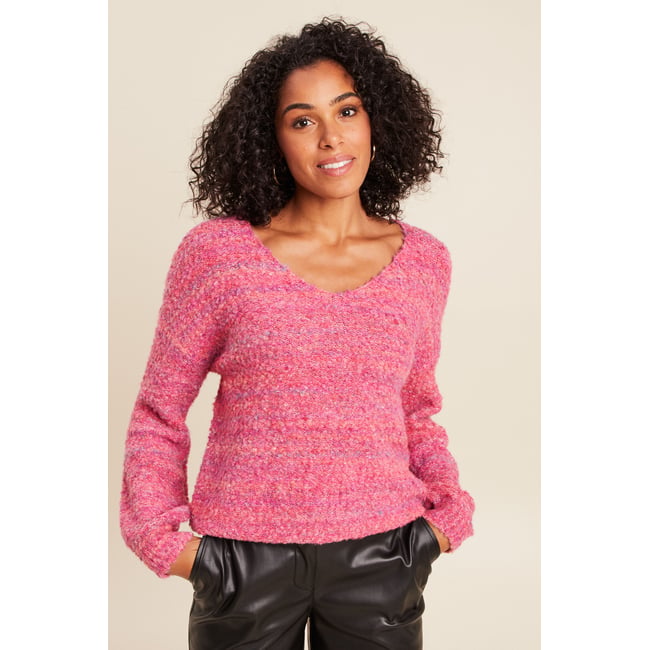 Pull col v manches longues rose fushia <span itemprop=