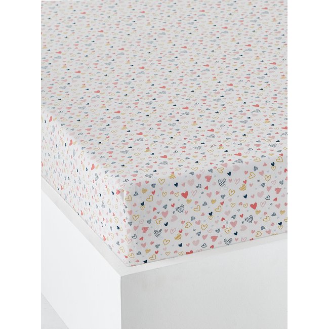 Drap-housse enfant COEURS EN FETE écru / multicolore <span itemprop=