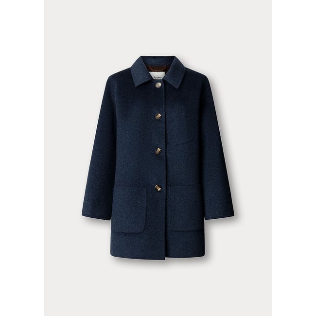 Manteau en drap de laine avec écharpe intégrée bleu marine <span itemprop=
