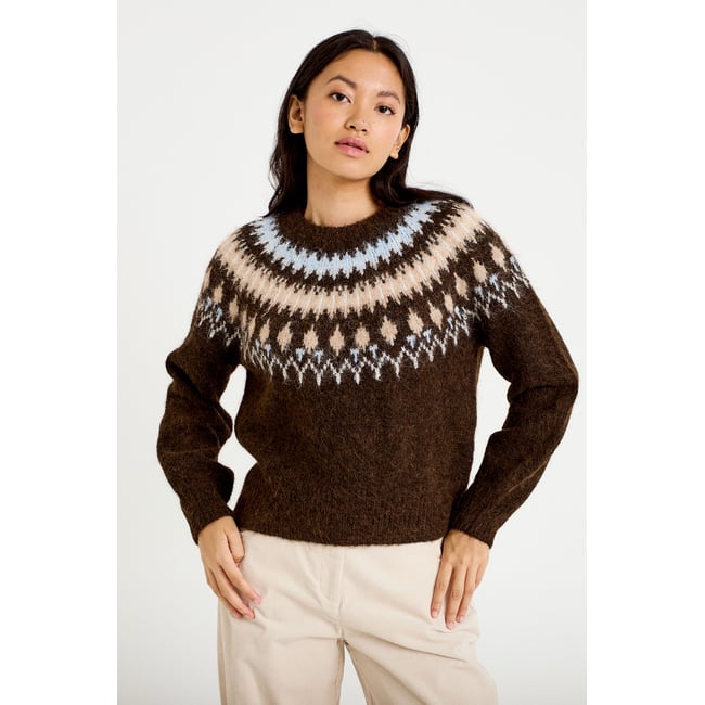 Pull col rond manches longues marron foncé <span itemprop=