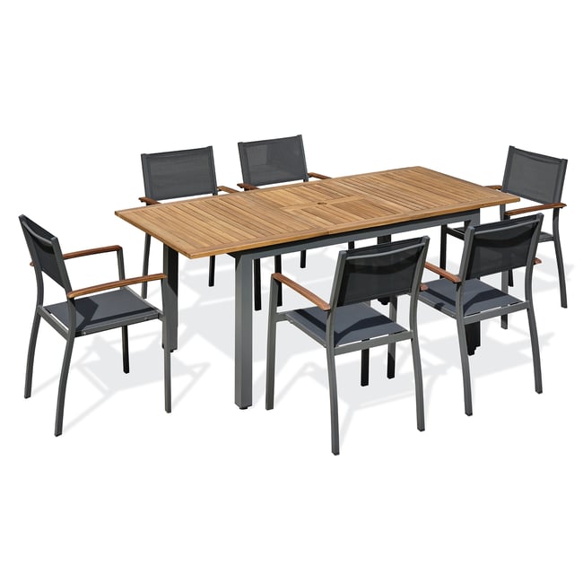 Ensemble repas de jardin 6 places alu et acacia ORSINO gris anthracite <span itemprop=