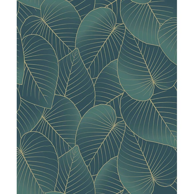 Papier peint feuilles tropicales bleu canard doré Couleur vert <span itemprop=