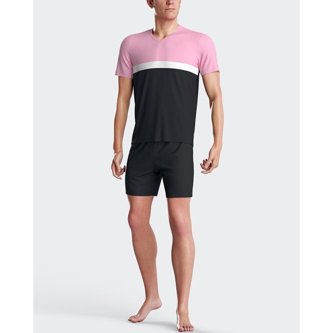 Pyjama court color block bleu marine + rose <span itemprop=
