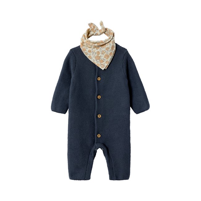 Coffret naissance mixte combinaison manches longues tricot + foulard anthracite <span itemprop=
