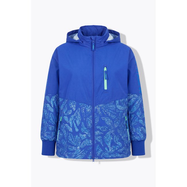 Veste outdoor, corail, capuche bleu roi <span itemprop=