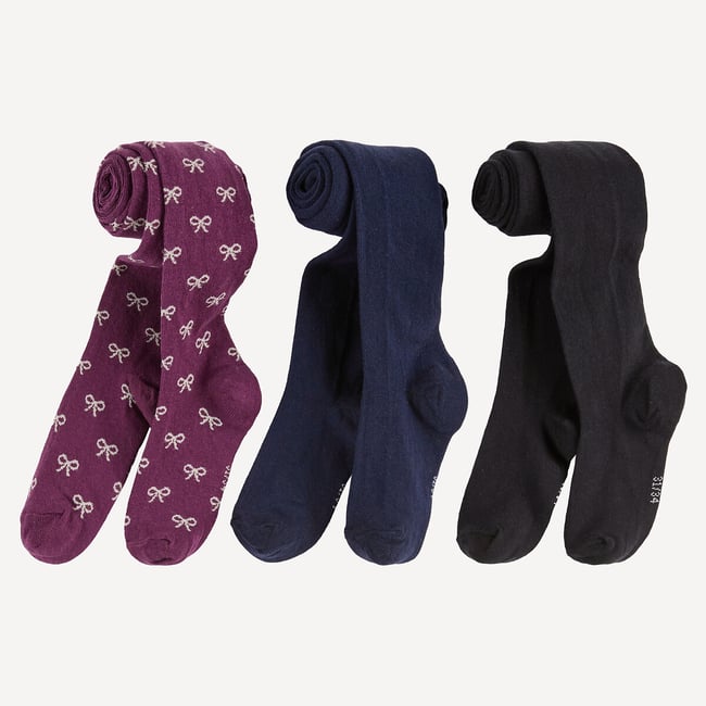 Lot de 3 paires de collants, 2 unies et 1 à motif nœuds assortis <span itemprop=