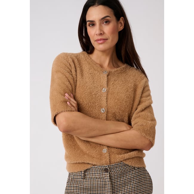 Cardigan maille poilue marron ambre <span itemprop=