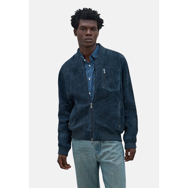 Blouson bomber en cuir velours bleu marine <span itemprop=