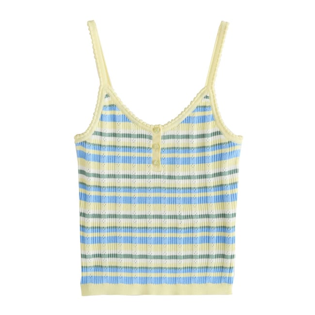 Débardeur style caraco en pointelle rayures bleu/jaune <span itemprop=