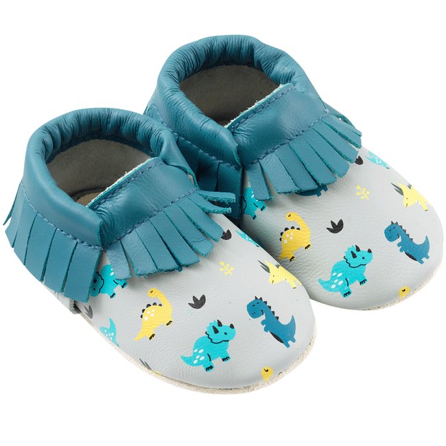 Chaussons cuir souple à franges dinosaures bleu <span itemprop=