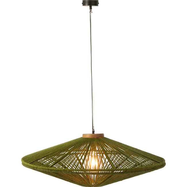 Suspension en métal et jute ronde Couleur vert jute naturel et bois clair <span itemprop=