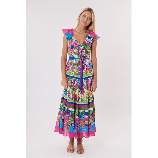 Robe longue imprimée à bretelles et volants TASSIN blanc <span itemprop=