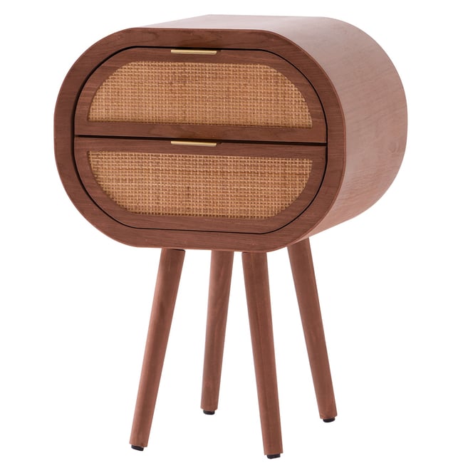 Table de chevet 2 tiroirs en rotin et bois de noyer, MALIRON Couleur noyer <span itemprop=