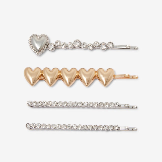 Set de 4 pinces cœurs et strass argenté <span itemprop=