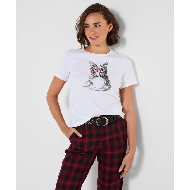 T-Shirt à Manches Courtes Imprimé Chat à Lunettes blanc <span itemprop=