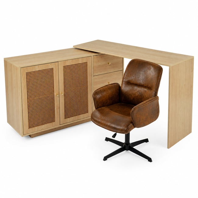 Ensemble de bureau d’angle rotatif avec portes rotin et chaise de bureau, DICCPERNTHOMASINAM Couleur marron <span itemprop=