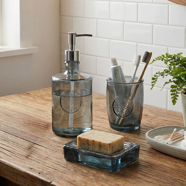Set accessoires salle de bain en verre recyclé AUTHENTIC Couleur silver gris <span itemprop=