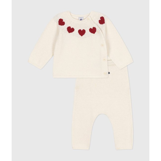 Knitted 2-Piece Outfit in Wool/Cotton, white/red, PETIT BATEAU