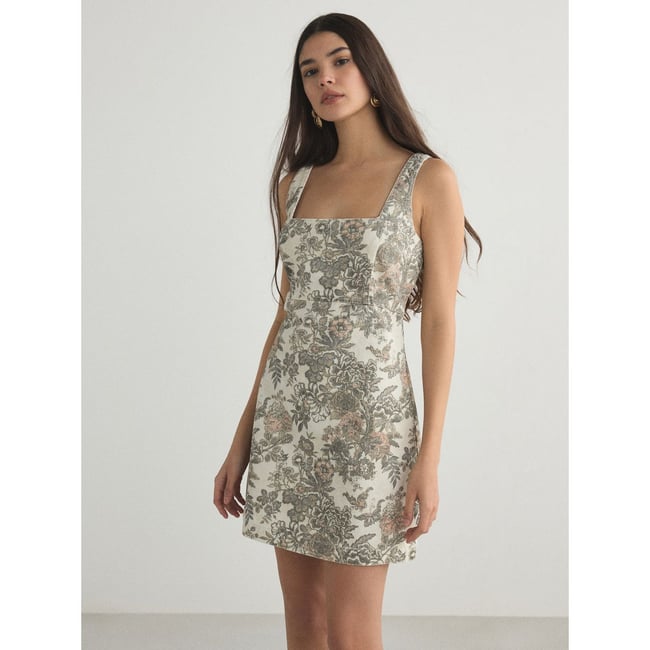 Robe courte en denim à encolure carrée tapisserie florale écru <span itemprop=
