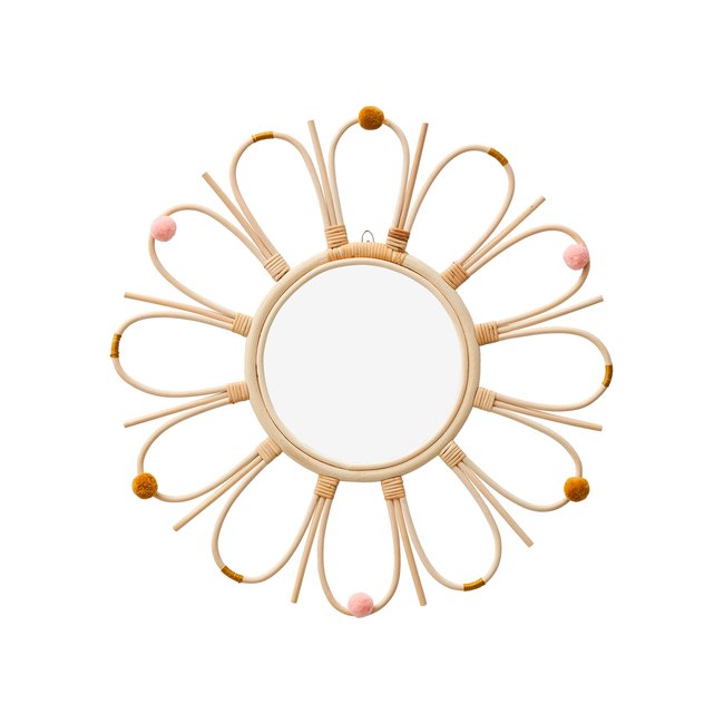 Miroir en rotin à pompons Sunshine Couleur naturel <span itemprop=
