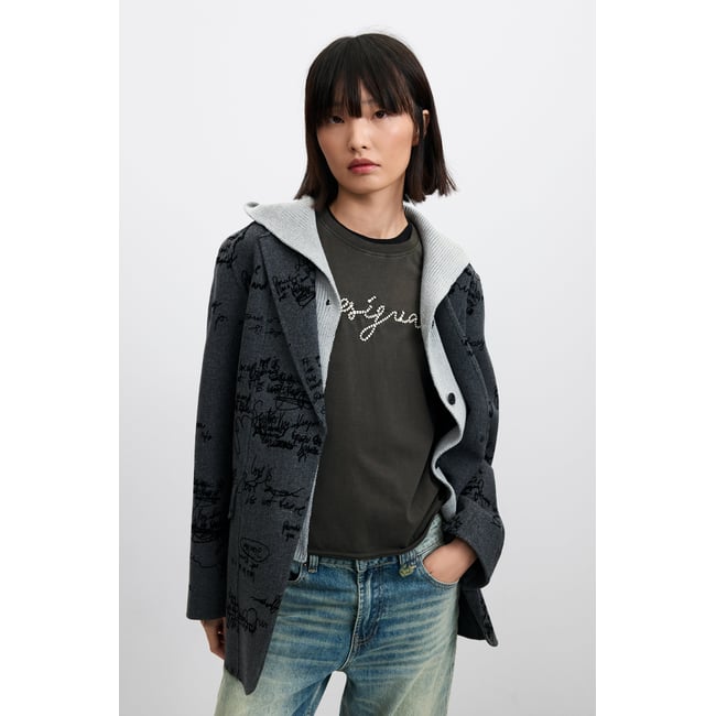 blazer droite en laine à motif graffiti noir <span itemprop=