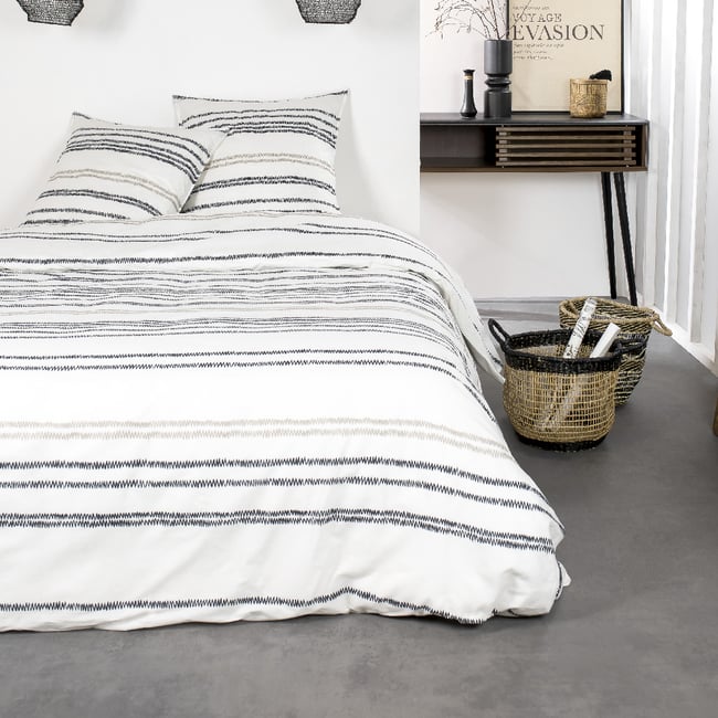 Parure de lit 2 personnes imprimé rayures coton SUNSHINE GILDA blanc <span itemprop=