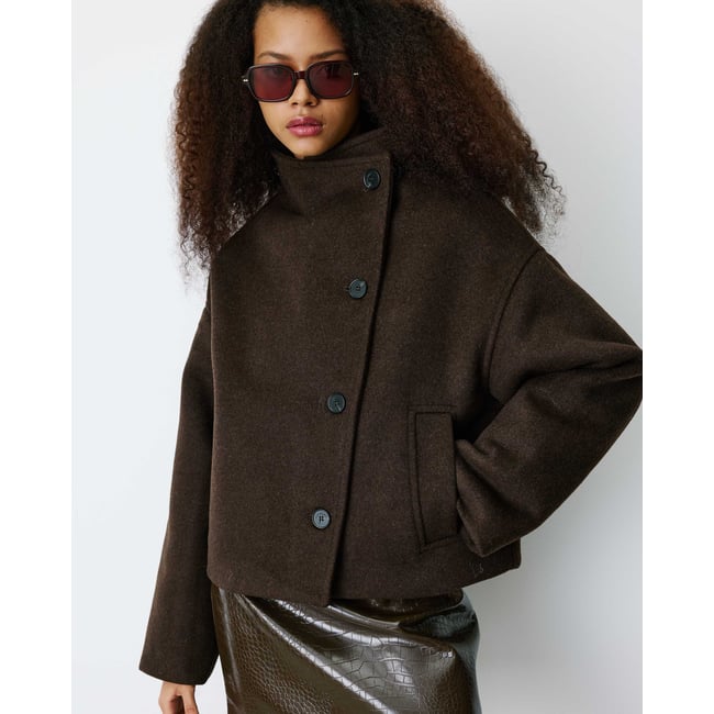 Manteau court col cheminée en laine mélangée chocolat Blanca - GRACE & MILA