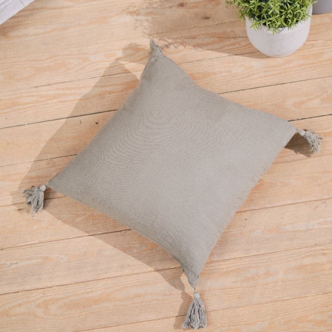 Coussin déhoussable à pompons uni gaze de coton INDIAN FLOWERS vert <span itemprop=