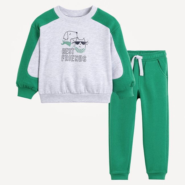 Ensemble 2 pièces sweat et pantalon molleton gris chiné + vert <span itemprop=