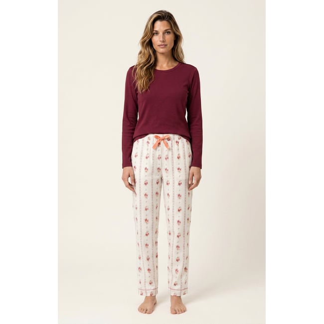 Tee-shirt manches longues en jersey de coton et modal couleur unie Burgundy bordeaux <span itemprop=