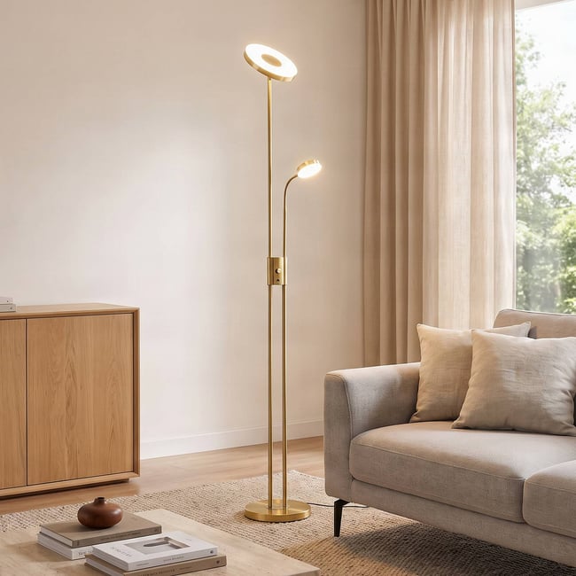 Lampadaire en métal moderneLED, Seppa Couleur laiton mat <span itemprop=