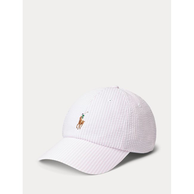 Casquette de baseball à logo, en seersucker rayé rose/blanc <span itemprop=