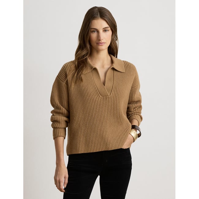 Ribbed Long Sleeve Polo Jumper, camel, LAUREN RALPH LAUREN