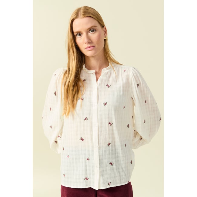 Chemise manches longues en coton brodée blanc <span itemprop=