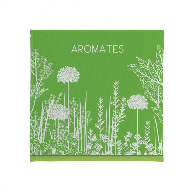 Carré éponge imprimé en jacquard de coton, AROMATES DU JARDIN vert <span itemprop=