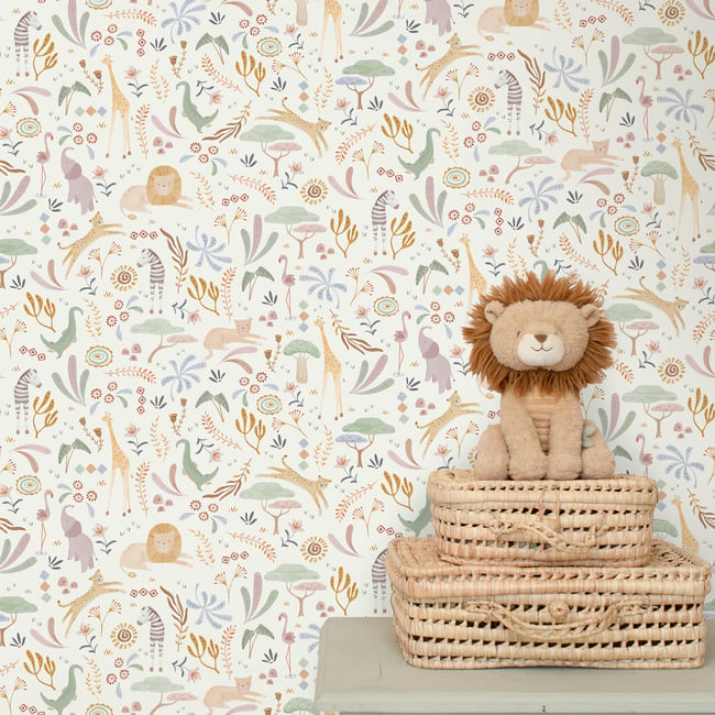 Papier peint fleuri pour enfant Petits animaux de la savanne Couleur multicolore <span itemprop=