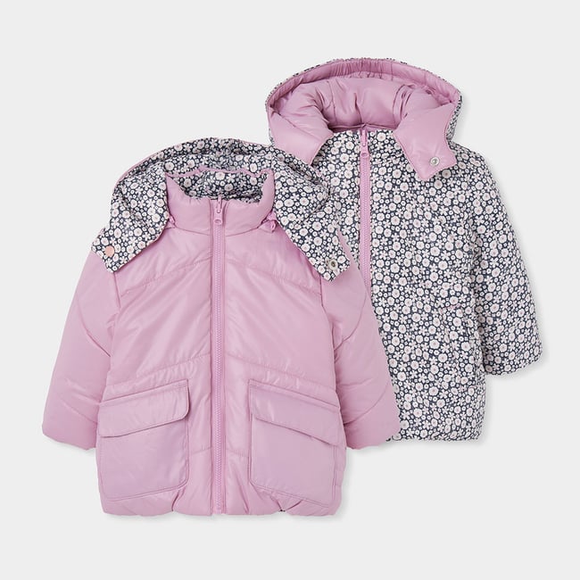 Parka fille tissu technique réversible fleurs rose <span itemprop=