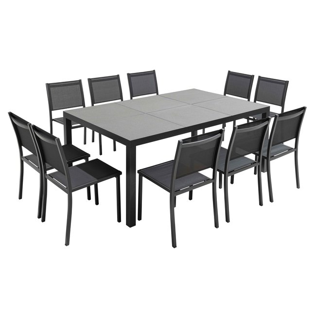 Salon de jardin table et 10 chaises en aluminium et céramique effet béton ciré, TIVOLI gris <span itemprop=