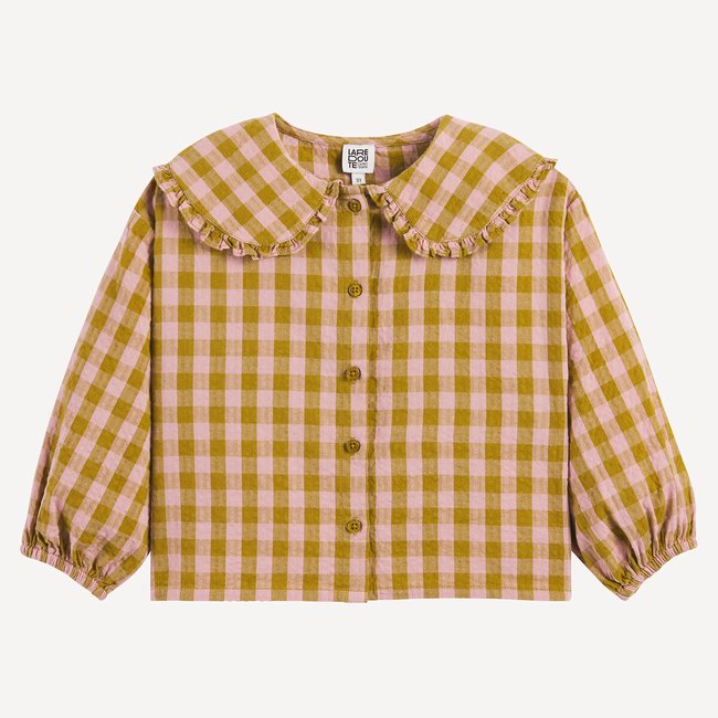 Camisa aos quadrados, gola claudine verde/rosa <span itemprop=