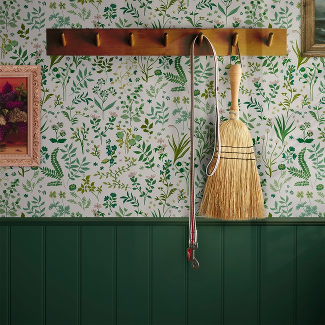 Papier peint Herbier fleuri vintage le jour Couleur vert et beige <span itemprop=