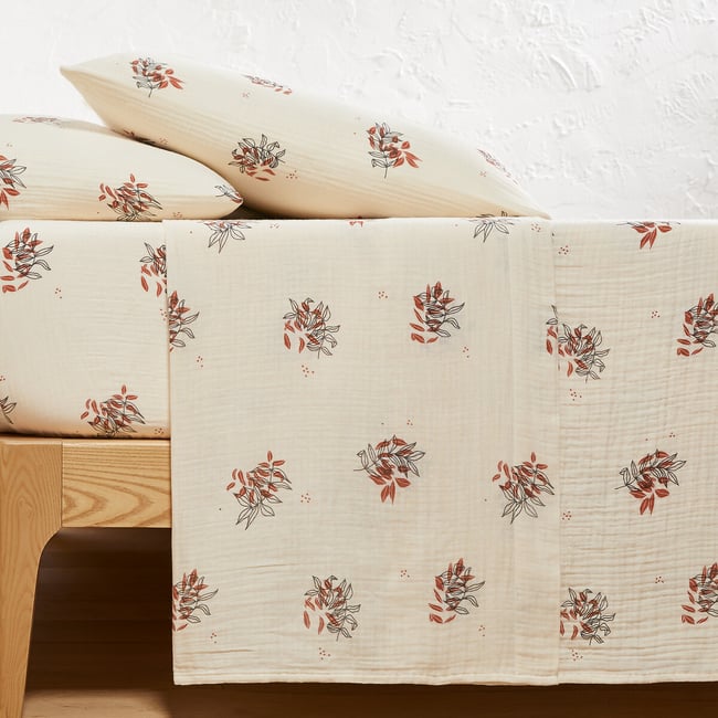 Drap plat en gaze de coton, Monceaux imprimé végétal <span itemprop=
