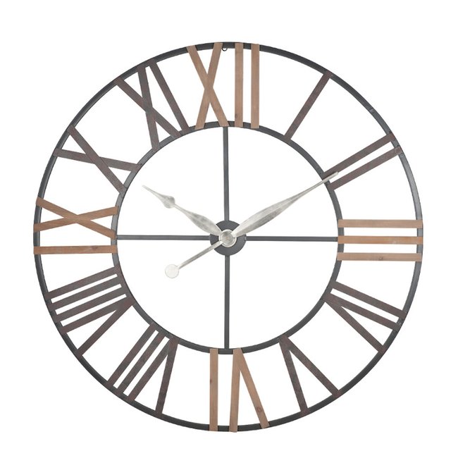 120cm Antique Grey Metal and Wood Round Wall Clock, grey, SO'HOME