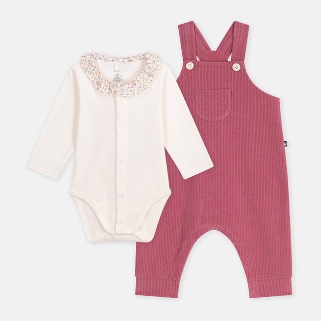 Set composto da salopette e body in felpa, con collo con stampa floreale blu + écru PETIT BATEAU