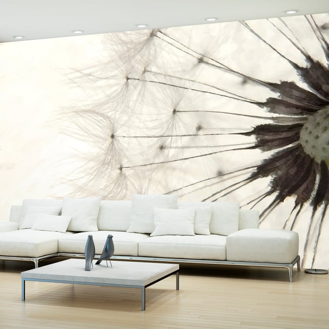 Papier peint intissé panoramique Fleurs White Dandelion Couleur gris / argent <span itemprop=