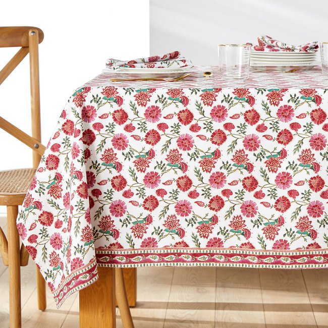 Nappe imprimée coton lavé, Bhojan blanc/rouge <span itemprop=
