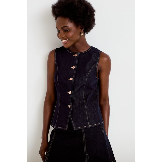 Gilet cintré sans manches en jean denim brut <span itemprop=