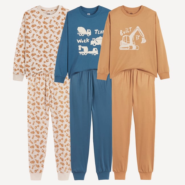 Pack of 3 Construction Vehicle Print Cotton Pyjamas, assorted, LA REDOUTE COLLECTIONS