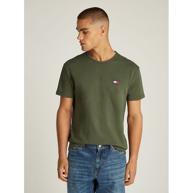Crew Neck T-Shirt with Logo Badge, khaki green, TOMMY JEANS